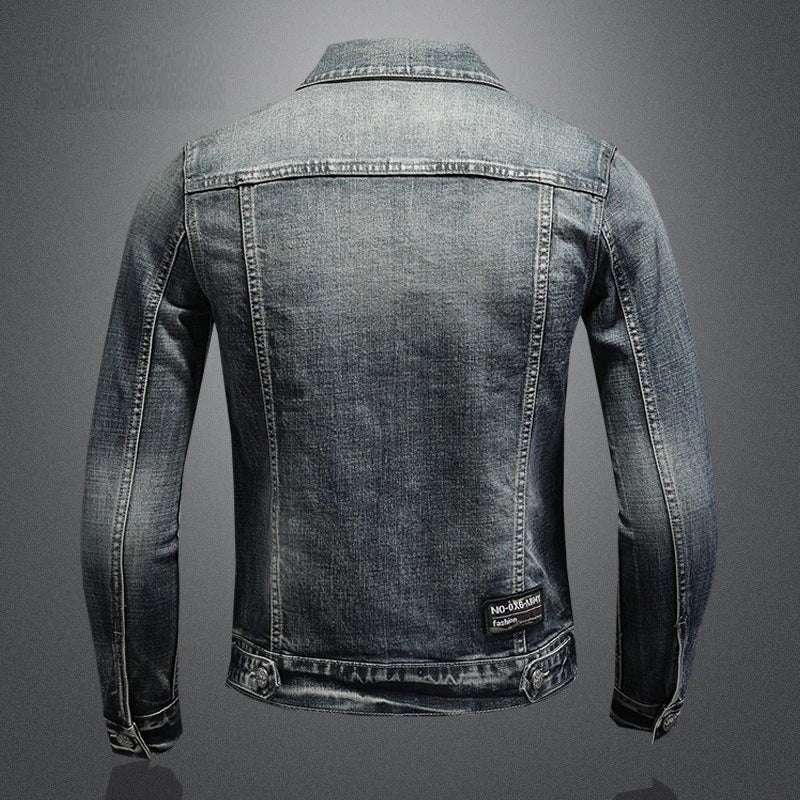 Men's Denim Jacket - Slim Fit Button Front with Chest Pockets and Embroidered Detail