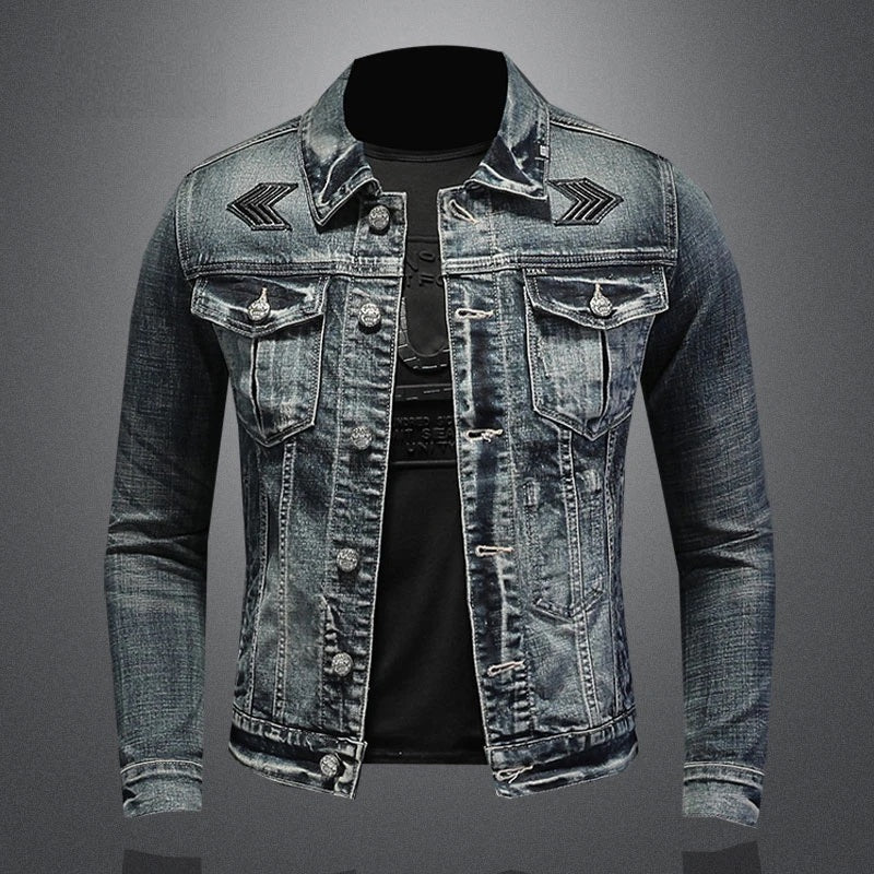 Men's Denim Jacket - Slim Fit Button Front with Chest Pockets and Embroidered Detail