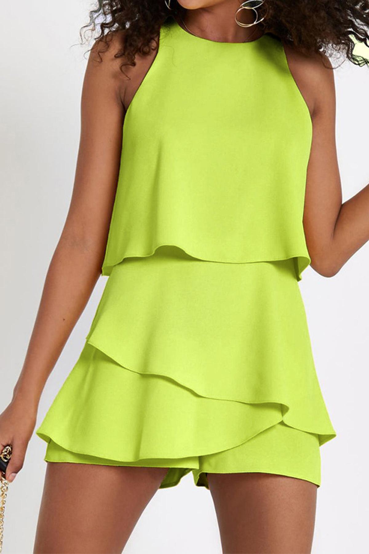 Women’s Sleeveless Mini Jumpsuit with High Neck and Layered Ruffle Overlay