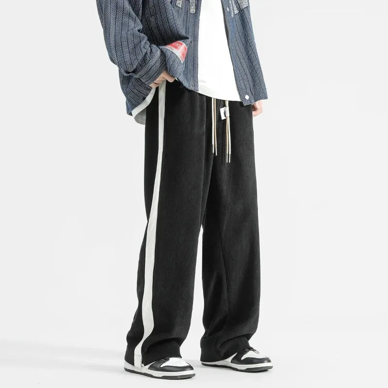Men's Wide Leg Ribbed Pants with Side Stripe - Drawstring Waist - Full Length Casual Style