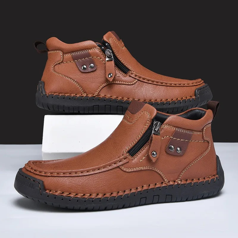 Men's Ankle Boots with Side Zip - Contrast Stitch Detail - Chunky Rubber Sole - Casual Style