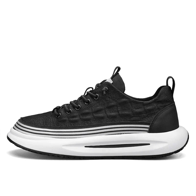 Men's Casual Sneakers - Lace-Up Embossed Upper with Chunky Platform Sole and Stripe Midsole Detail