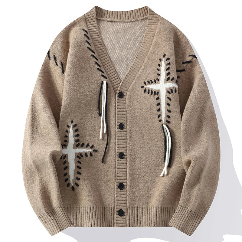Men's Cardigan - Oversized V-Neck Button Front Knit with Embroidered Detail