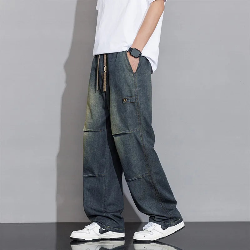 Men's Wide Leg Cargo Pants - Elasticated Waist - Drawstring
