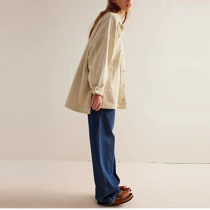 Women’s Oversized Button Front Jacket with Chest Pockets and Long Sleeves