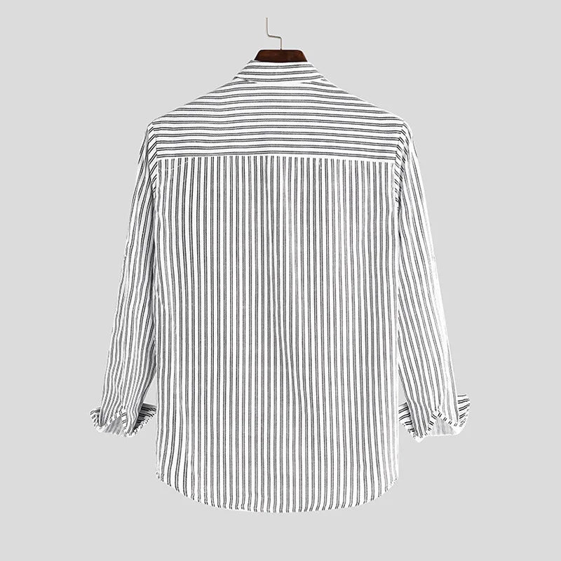 Men's Long Sleeve Shirt - Striped Button Up Mandarin Collar