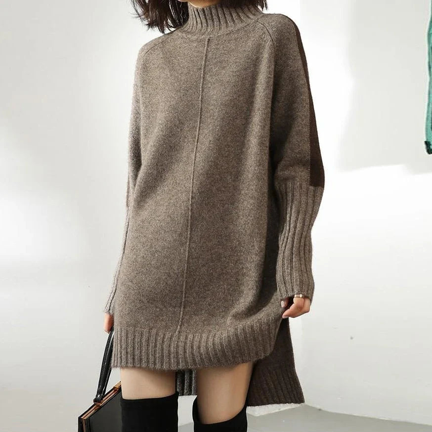 Women’s High-Neck Knit Jumper Dress – Relaxed Longline Silhouette