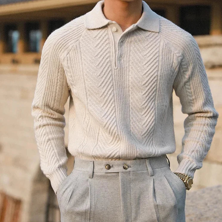 Men’s Knitted Polo Sweater with Button Placket - Long Sleeve Textured Knit Top