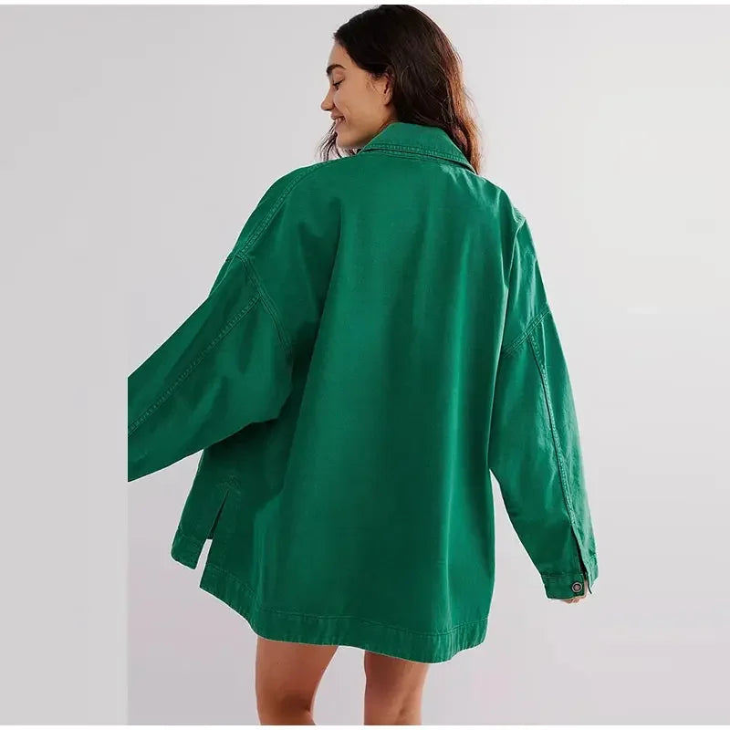 Women’s Oversized Button Front Jacket with Chest Pockets and Long Sleeves