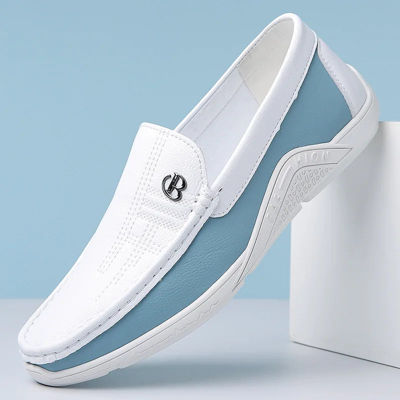 Men's Slip-On Loafers with Contrast Panel - Metal Badge Detail - White Sole - Casual Style