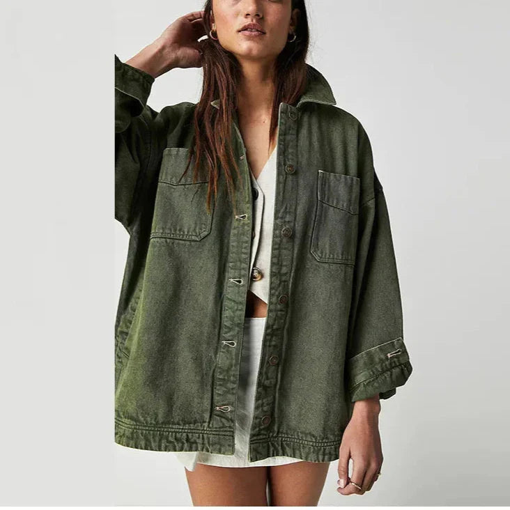 Women’s Oversized Button Front Jacket with Chest Pockets and Long Sleeves