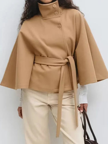 Women’s High Neck Cape Coat with Button Front Closure and Waist Tie Belt