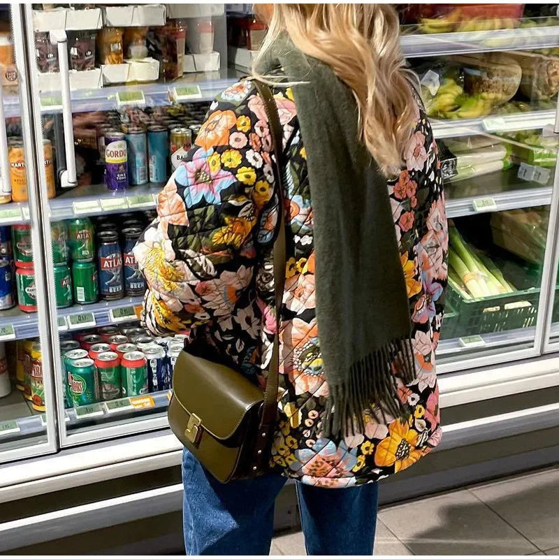 Women’s Quilted Jacket – Floral Print Padded Coat with Open Front Design