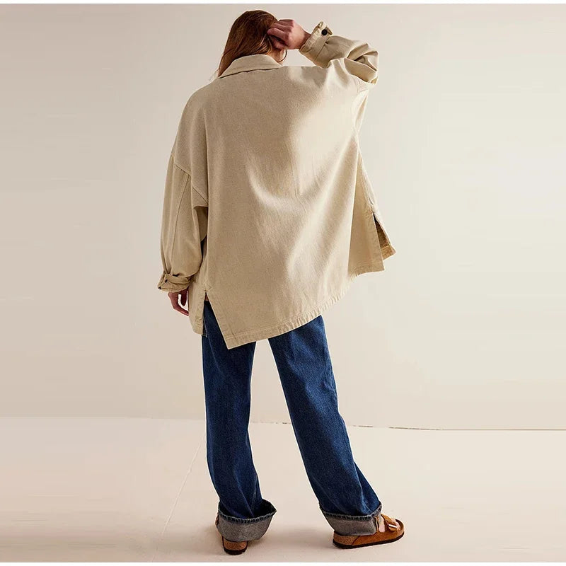 Women’s Oversized Button Front Jacket with Chest Pockets and Long Sleeves
