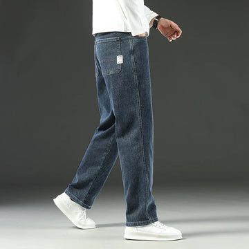 Men's Wide Leg Jeans with Side Patch Pocket - Woven Label Detail - Full Length Casual Style