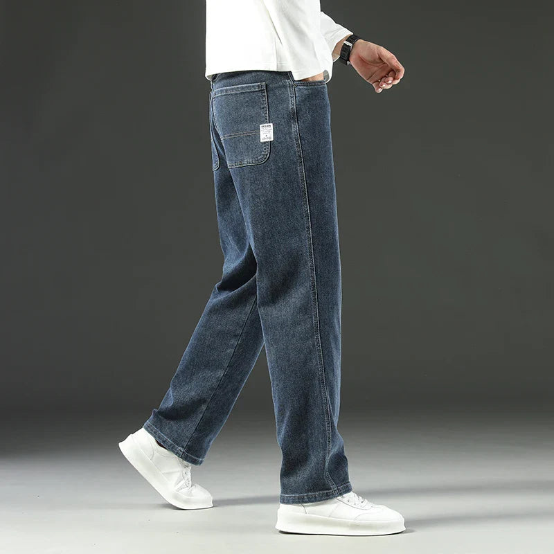 Men's Wide Leg Jeans with Side Patch Pocket - Woven Label Detail - Full Length Casual Style