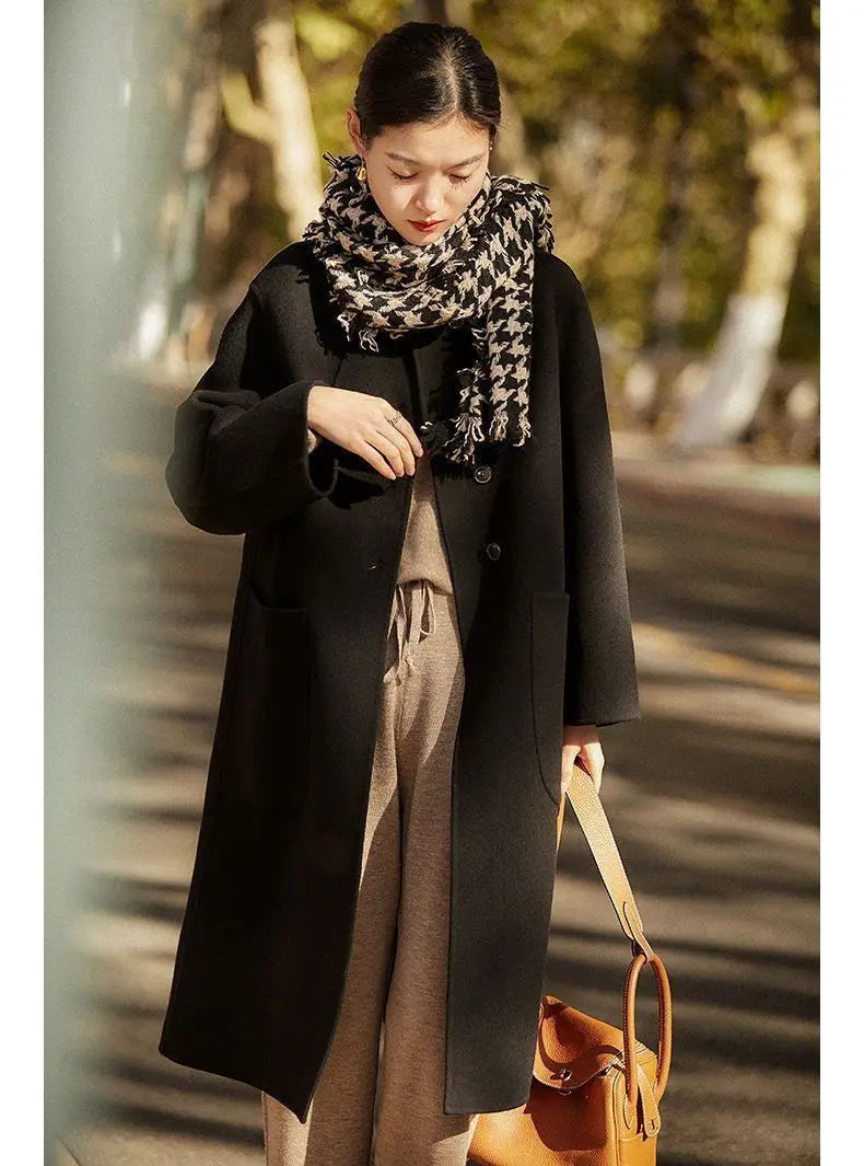 Women’s Double Breasted Mid Length Coat with Notched Collar and Patch Pockets
