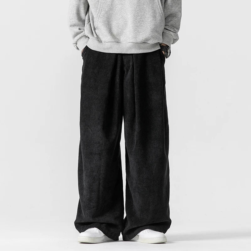 Men's Wide Leg Pants - Pleated Elasticated Waist with Button Closure