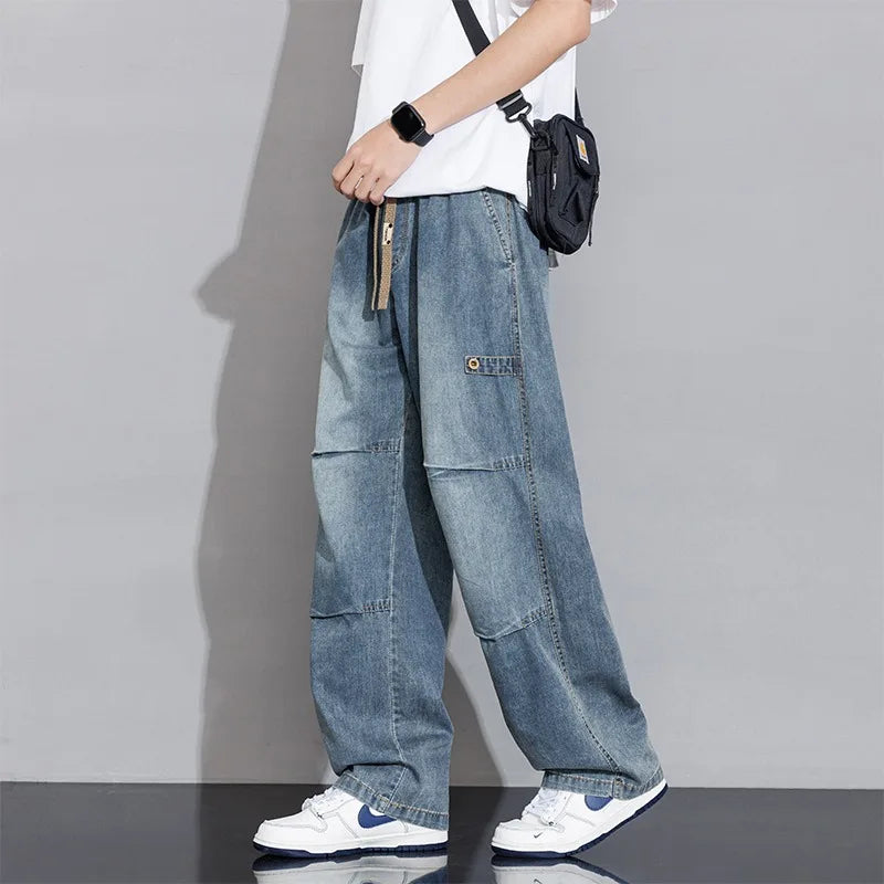 Men's Wide Leg Cargo Pants - Elasticated Waist - Drawstring