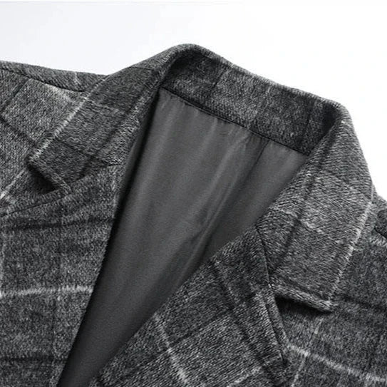 Men’s Mid Length Plaid Coat – Button Front Business Casual Overcoat with Notched Lapel