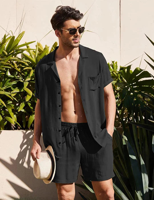 Men's Two Piece Set - Camp Collar Short Sleeve Shirt and Shorts