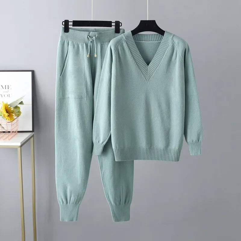Women's Knit Two Piece Set - V-Neck Jumper and Tapered Pants with Elasticated Waist