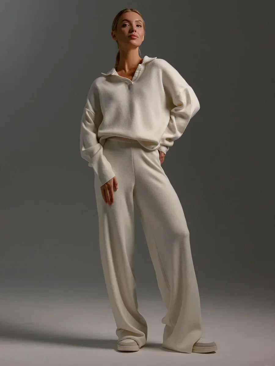Women’s Collared Knit Lounge Set – Relaxed Pullover & Straight-Leg Trousers