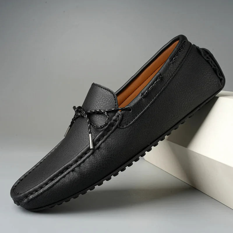 Men's Loafers - Slip On Moccasin with Braided Tie Detail and Rubber Sole