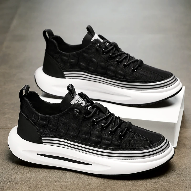 Men's Casual Sneakers - Lace-Up Embossed Upper with Chunky Platform Sole and Stripe Midsole Detail