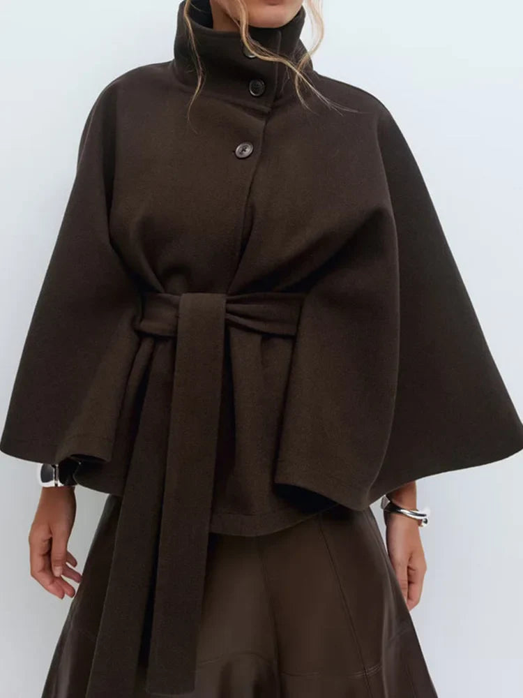 Women’s High Neck Cape Coat with Button Front Closure and Waist Tie Belt