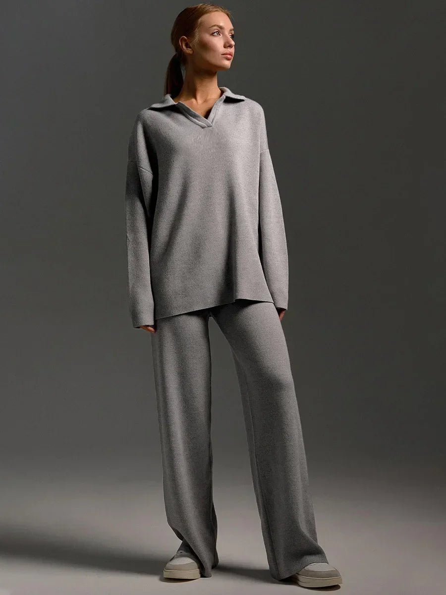 Women’s Collared Knit Lounge Set – Relaxed Pullover & Straight-Leg Trousers