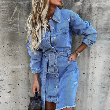 Women's Denim Mini Dress - Long Sleeve Shirt Dress with Belt and Distressed Detail