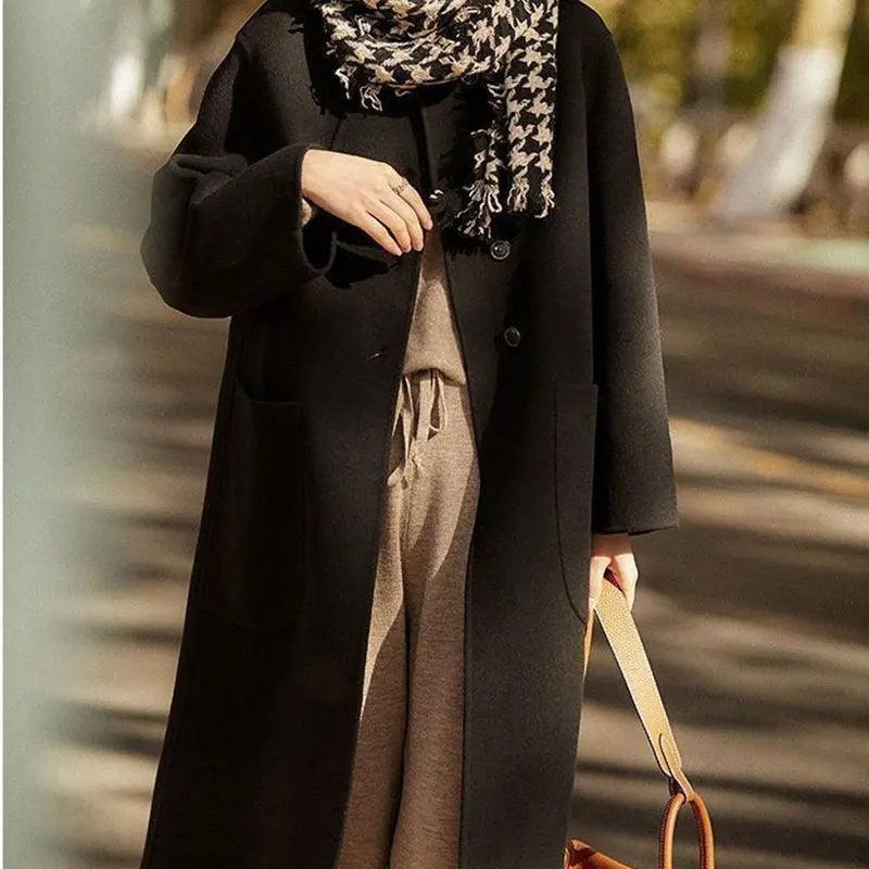 Women’s Double Breasted Mid Length Coat with Notched Collar and Patch Pockets