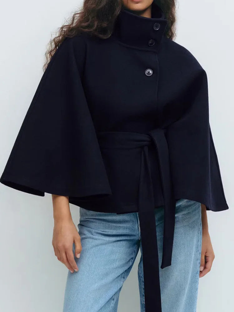 Women’s High Neck Cape Coat with Button Front Closure and Waist Tie Belt