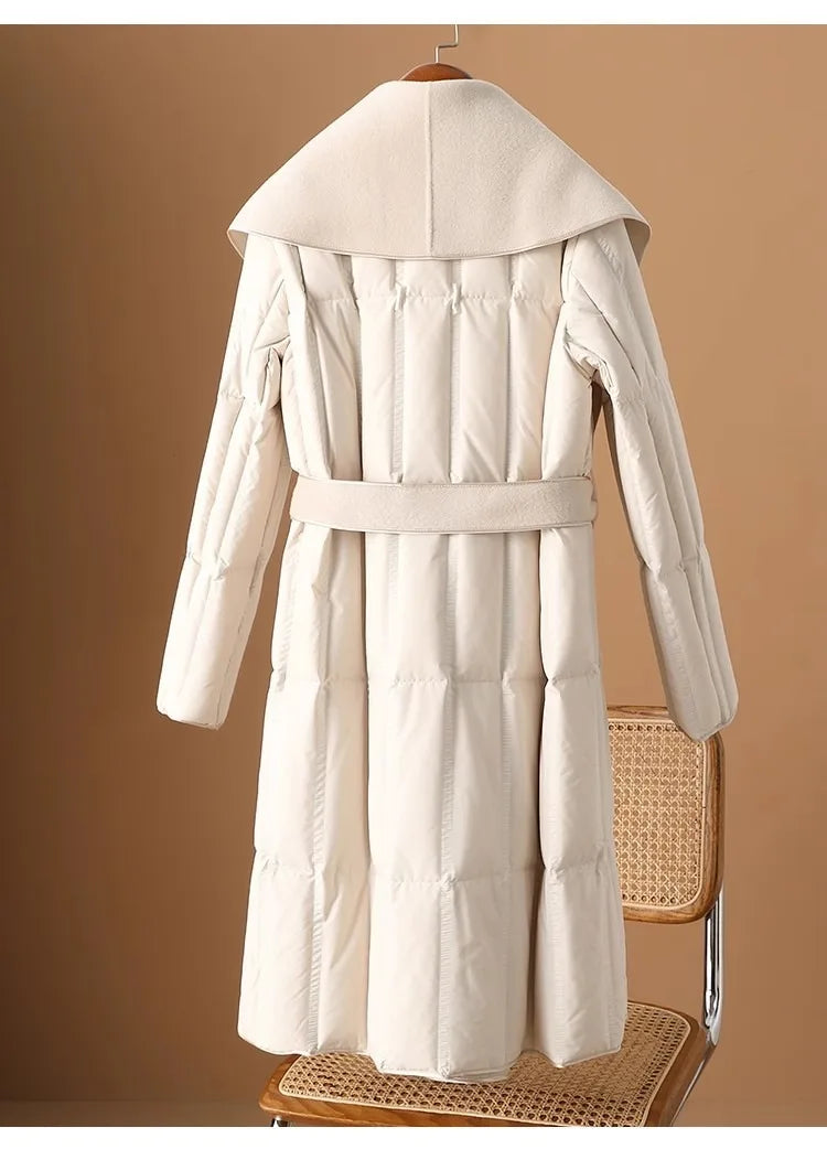 Women’s Long Quilted Duck Down Coat with Wide Shawl Collar and Tie Belt Closure