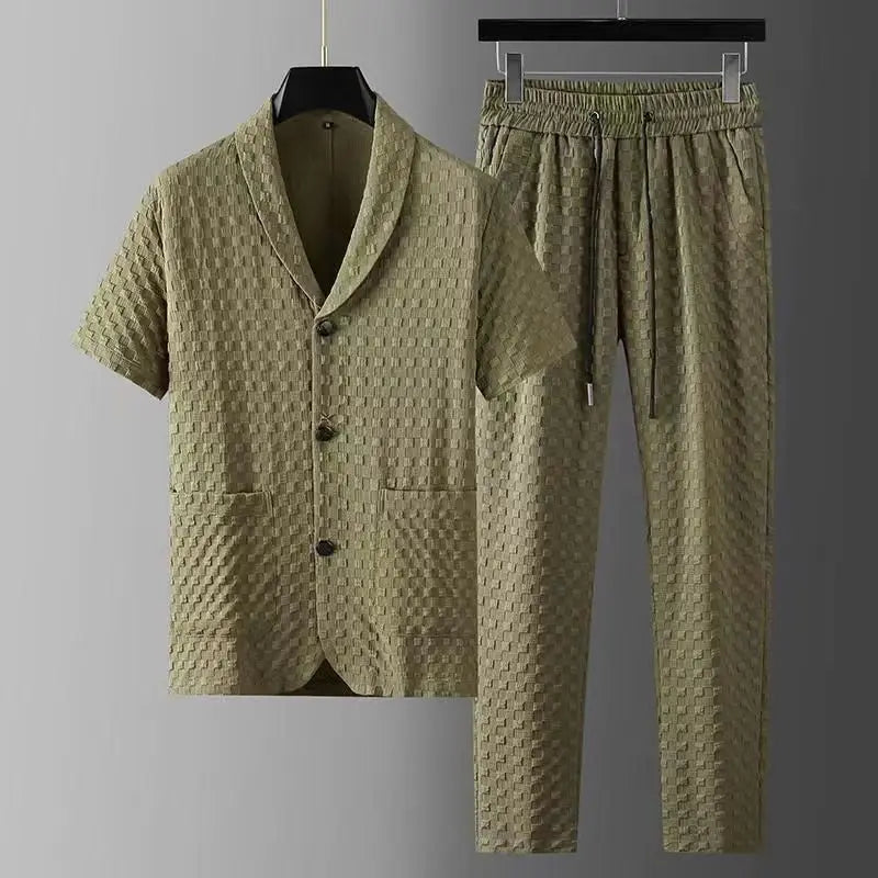 Men's Two Piece Set - Shawl Collar Shirt and Drawstring Pants