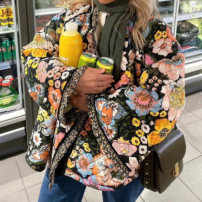 Women’s Quilted Jacket – Floral Print Padded Coat with Open Front Design