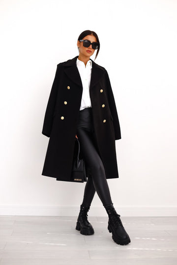 Women's Longline Double Breasted Coat - Notched Lapel - Gold Button - Side Slit