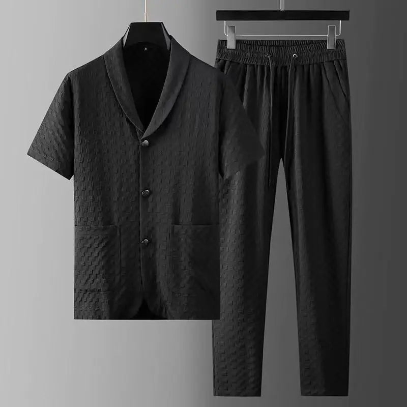 Men's Two Piece Set - Shawl Collar Shirt and Drawstring Pants