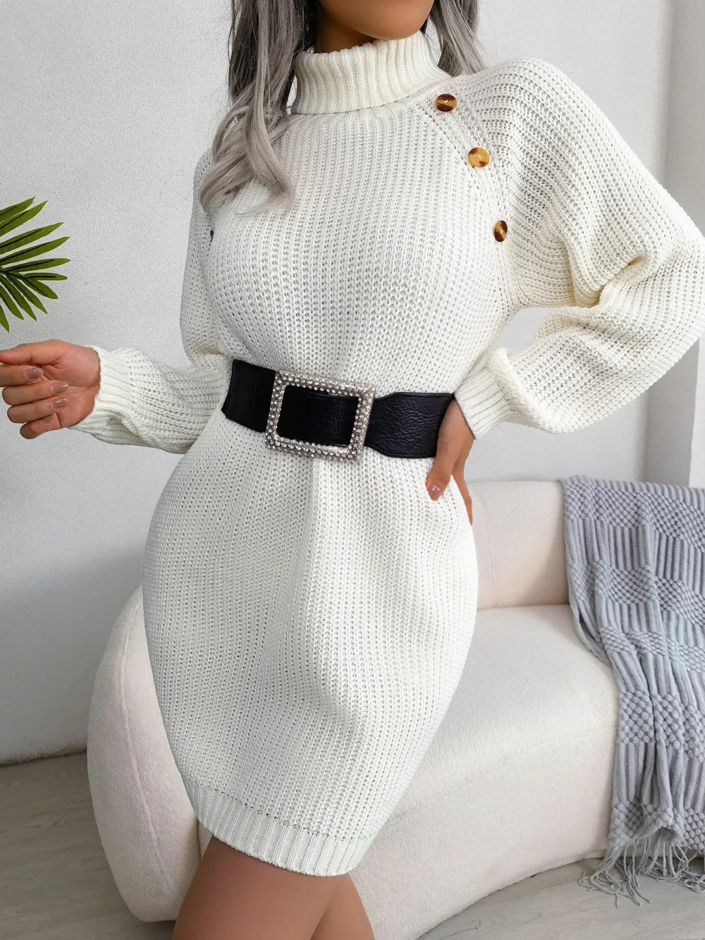 Women’s Knit Mini Dress – Turtleneck Long Sleeve Ribbed Jumper Dress with Button Detail