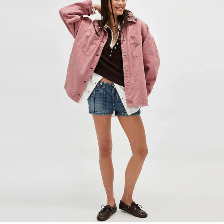 Women’s Oversized Button Front Jacket with Chest Pockets and Long Sleeves