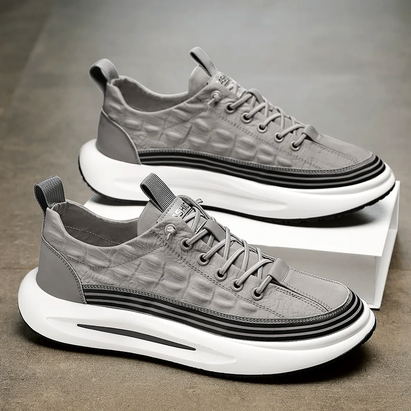 Men's Casual Sneakers - Lace-Up Embossed Upper with Chunky Platform Sole and Stripe Midsole Detail