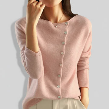 Women’s Asymmetric Button Front Knitted Cardigan Jumper with Long Sleeves and Folded Collar Detail