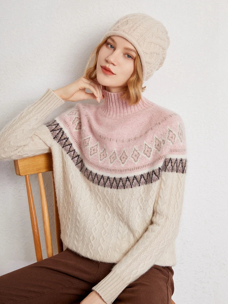 Women’s Jacquard High Neck Knitted Wool Jumper with Patterned Yoke and Ribbed Cuffs