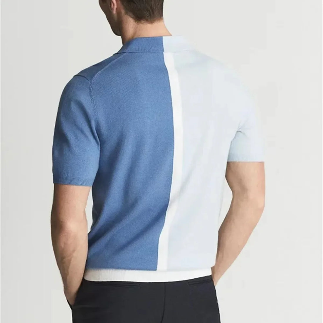 Men's Blue Knit Polo Shirt - Colour Block V-Neck Short Sleeve