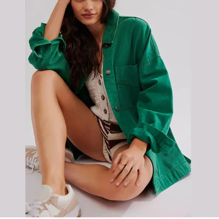 Women’s Oversized Button Front Jacket with Chest Pockets and Long Sleeves