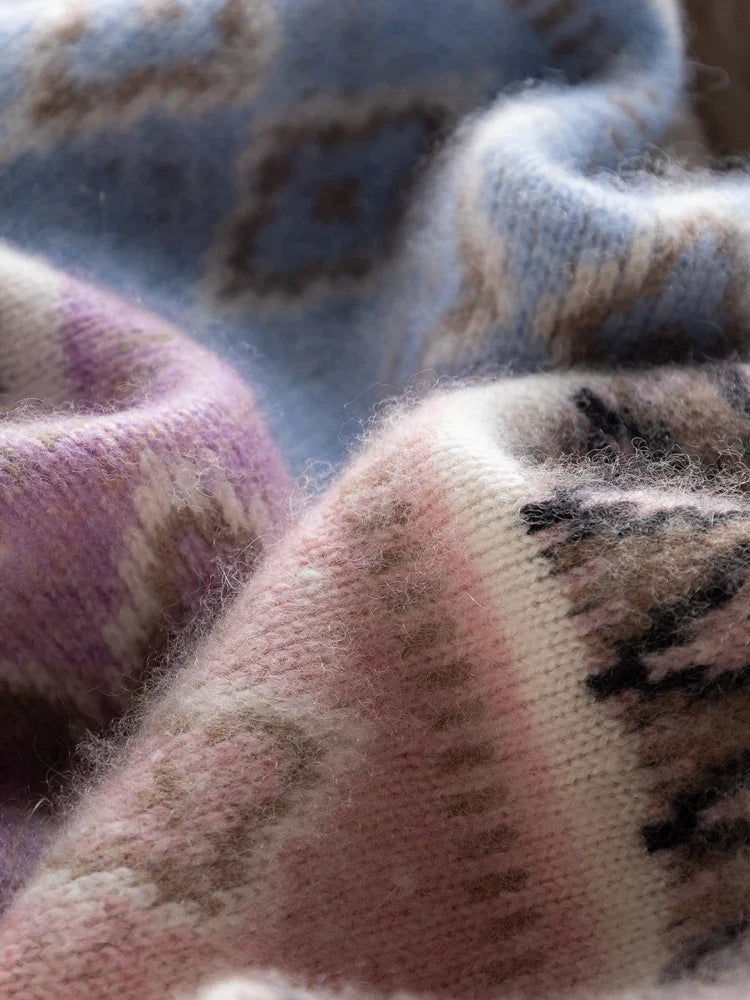 Women’s Jacquard High Neck Knitted Wool Jumper with Patterned Yoke and Ribbed Cuffs