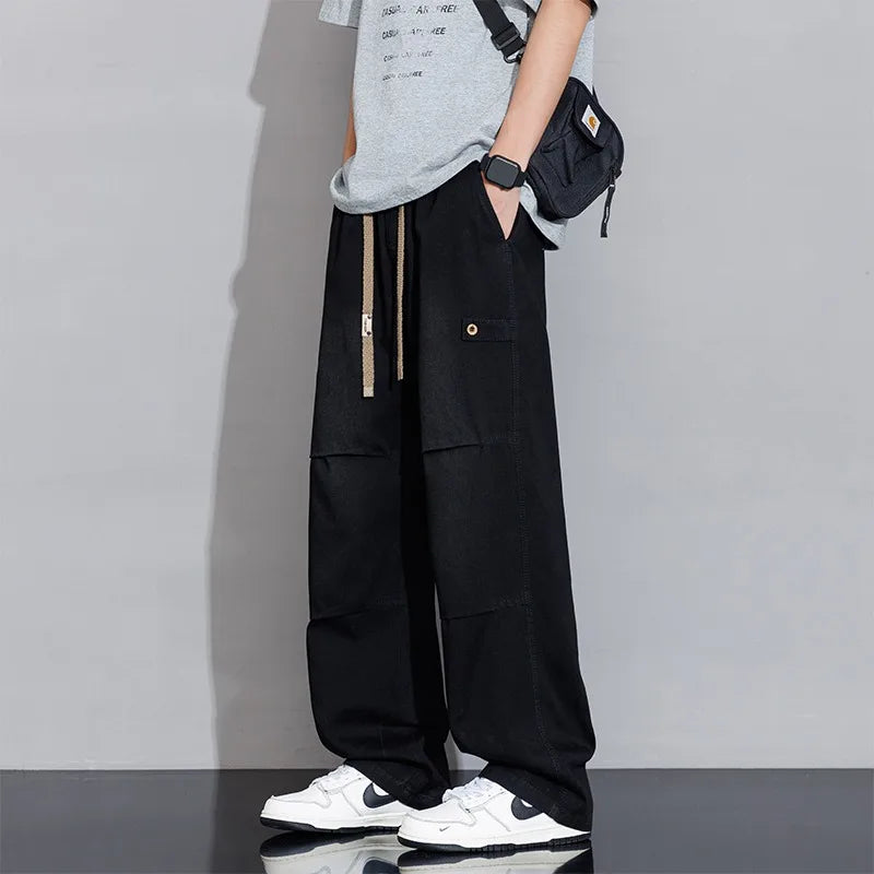 Men's Wide Leg Cargo Pants - Elasticated Waist - Drawstring