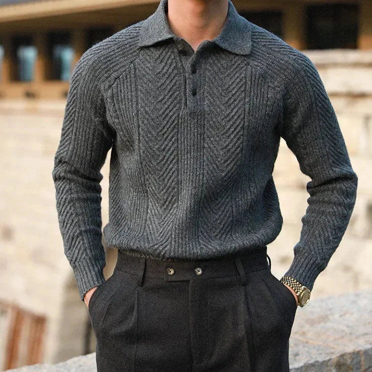 Men’s Knitted Polo Sweater with Button Placket - Long Sleeve Textured Knit Top