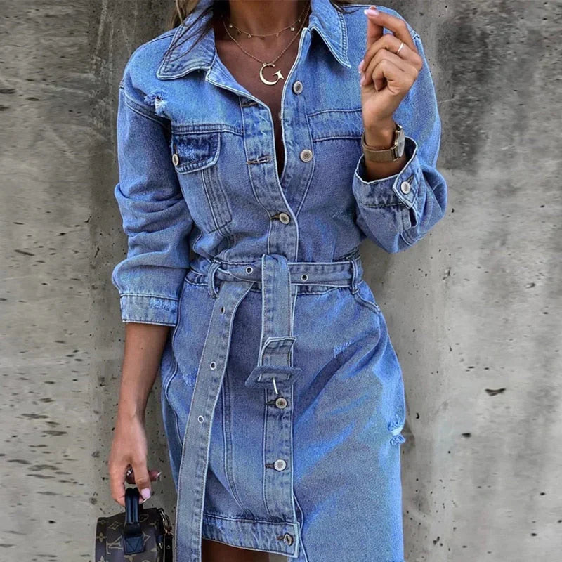 Women's Denim Mini Dress - Long Sleeve Shirt Dress with Belt and Distressed Detail